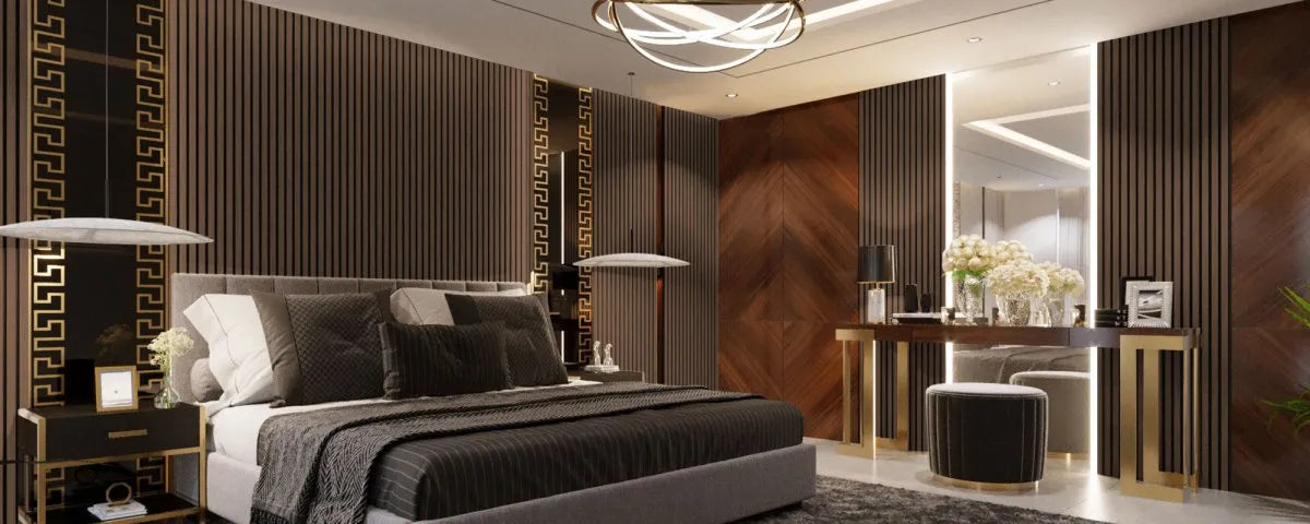 Smoked Oak Acoustic Wood Slat Wall Panel in bedroom interior DecorMania.eu